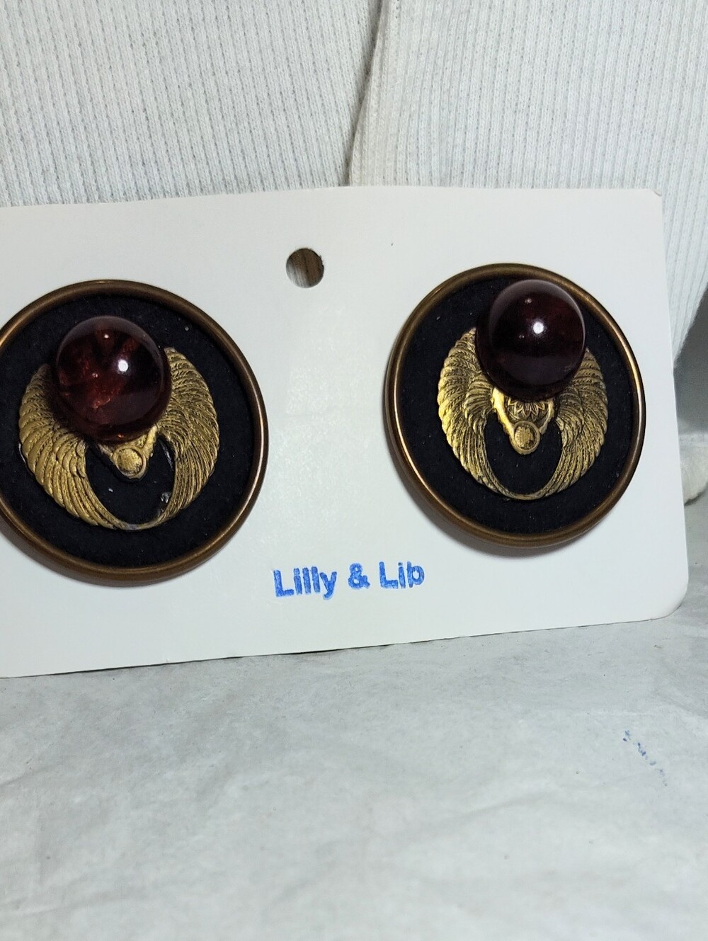 Lilly & Lib Vintage-Inspired Gold Wing Button Earrings with Burgundy Cabochons